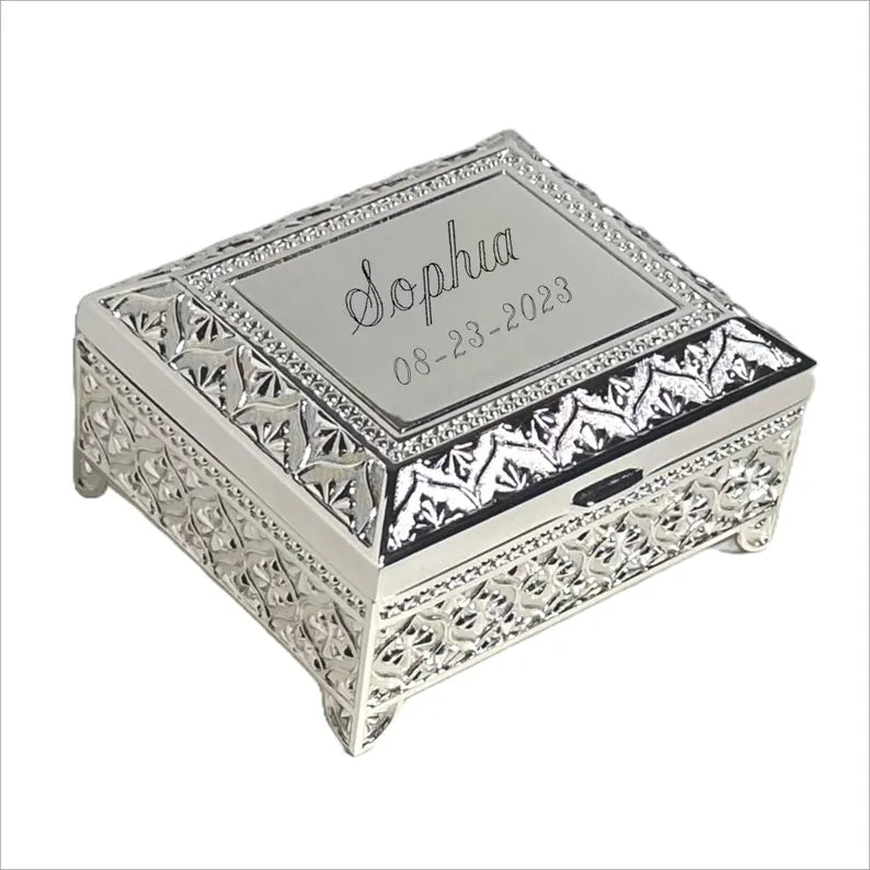 Personalized Anniversary Jewelry Box | Engraved Victorian Silver Keepsake Box | Custom Gift for Wife, Girlfriend & Her