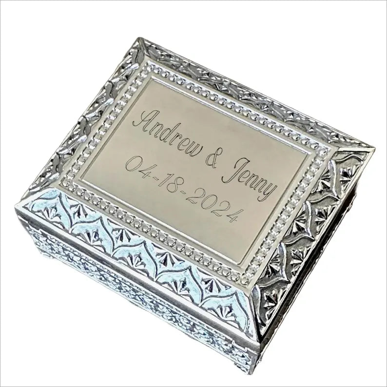 Personalized Anniversary Jewelry Box | Engraved Victorian Silver Keepsake Box | Custom Gift for Wife, Girlfriend & Her