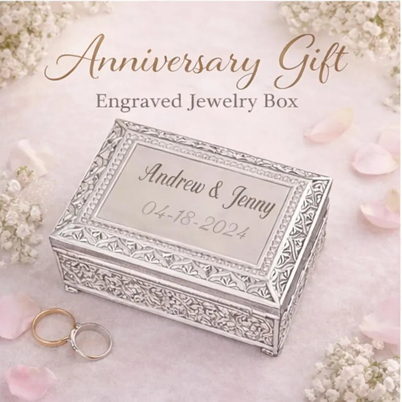 Personalized Anniversary Jewelry Box | Engraved Victorian Silver Keepsake Box | Custom Gift for Wife, Girlfriend & Her