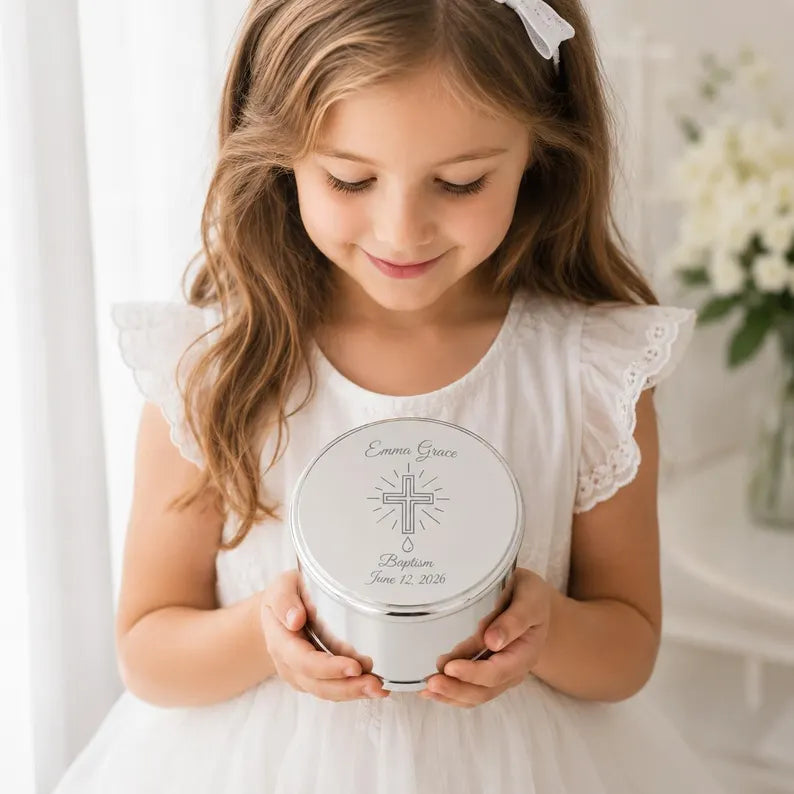 Personalized Baptism Jewelry Box for Girls | Engraved Silver Christening Keepsake | First Communion & Confirmation Gift