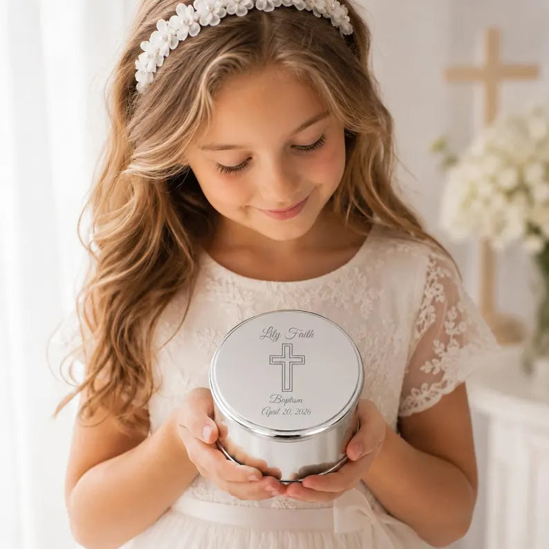 Personalized Baptism Jewelry Box for Girls | Engraved Silver Christening Keepsake | First Communion & Confirmation Gift