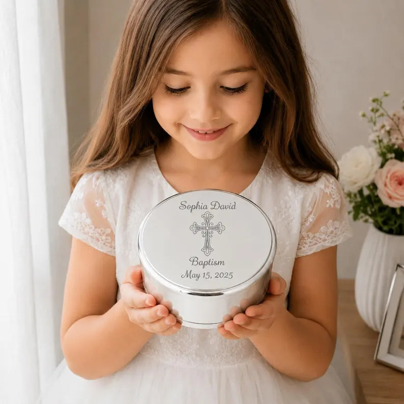 Personalized Baptism Jewelry Box for Girls | Engraved Silver Christening Keepsake | First Communion & Confirmation Gift