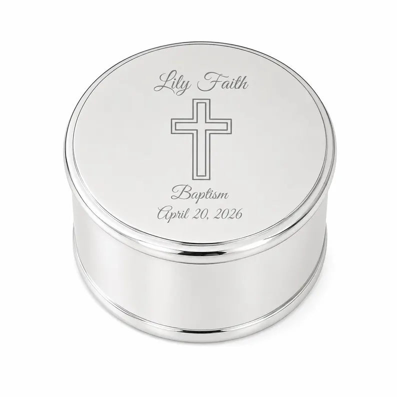 Personalized Baptism Jewelry Box for Girls | Engraved Silver Christening Keepsake | First Communion & Confirmation Gift