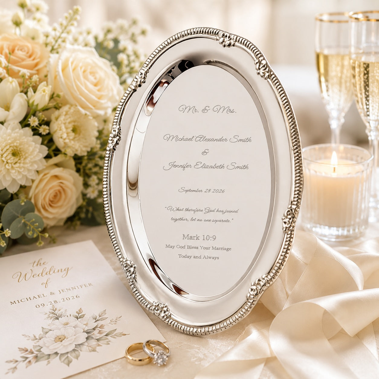 Personalized Silver Wedding Tray – Engraved Keepsake Gift for Couple